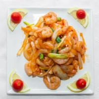 葱爆虾 Scallion Shrimp · Stir fried shrimp with onion & scallions in house special sauce.