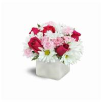 Vibrant Blooms · Vibrant fuchsia roses are delightfully complemented by soft pink mini carnations and sweet w...