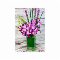 Lavender Delight · Love is in the air with these lavender roses and orchids arranged in a rectangular glass vas...
