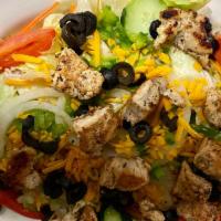 Mexican Salad · Mixed greens, tomatoes, cucumbers, peppers, onions, olives, cheddar cheese and fresh grilled...
