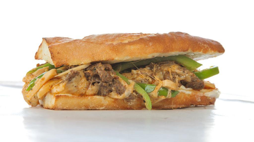 Chipotle Cheesesteak · Juicy steak grilled seasoned with, chipotle sauce bell peppers and onions and choice of cheese.