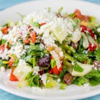 Cassie'S Chopped Salad (Individual) · Romaine lettuce, cucumber, feta cheese,  tomato, olives, chickpeas., roasted red peppers wit...