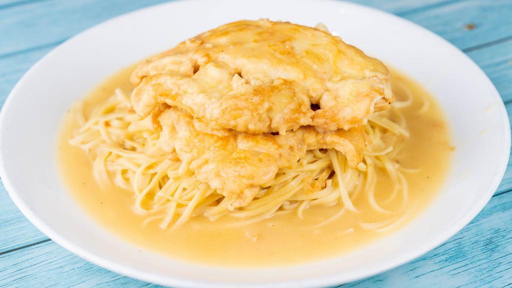 Individual Chicken Francese · lemon frances sauce, linguni pasta