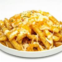 Aussie Cheese Fries · Bakes french fries, cooked and crumbled bacon slice, monterey jack cheese, cheddar cheese, m...