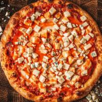 Buffalo Chicken Pizza · All white meat chicken, blue cheese, buffalo sauce, smothered in mozzarella and topped with ...