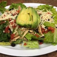 Southwest Salad · Organic romaine, grilled diced chicken, sliced avocado, diced tomatoes, black beans, montere...