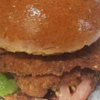 Bbq  Cajun Burger · Fried Chicken,lettuce,tomato,bacon and BBQ sauce