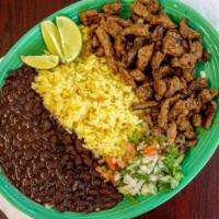 Carne Asada · Chunks of steak,pico de gallo,served with rice and beans