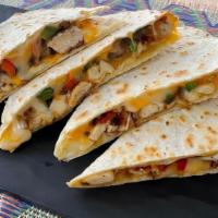 Chicken Quesadilla · Grilled chicken, peppers, onions with melted cheese in a grilled flour tortilla. Served with...