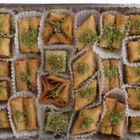 Baklawa Assorted Mix · Our assorted baklawa tray includes cashew and nuts and pistachio baklawa made fresh daily in...