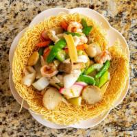 Pan Fried Noodles With Seafood (Mì Xao Hai San) · Popular dishes. Stir fried egg noodles crispy or soft filled with shrimp, squid, fish cakes,...