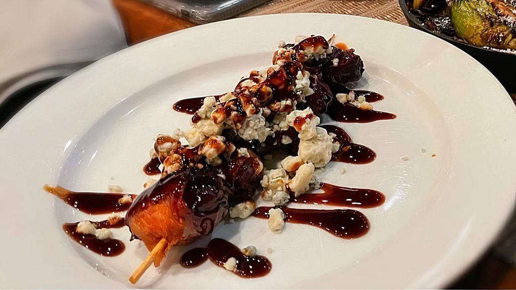 Bacon-Wrapped Stuffed Dates (5) · Gluten Free. Dalmatian Cheese, Balsamic Drizzle, Crumbled Blue Cheese