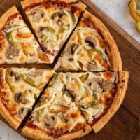 Gluten Free Veggie Thin Crust Pizza (Individual) · Mushrooms, onions, peppers, mozzarella, romano, and tomato sauce. 110 / slice cal.