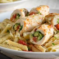 Chicken Spinoccoli Pasta · Housemade stuffed chicken with mozzarella, feta, broccoli, spinach, tomatoes, garlic, and ba...