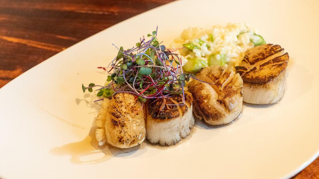 Seared Scallops · Risotto, asparagus, and honey.