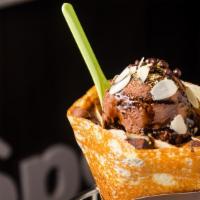 Chocolate Nut Party Crepe · Almonds, chocolate truffles, whipped yogurt, chocolate custard cream, chocolate sauce, choco...