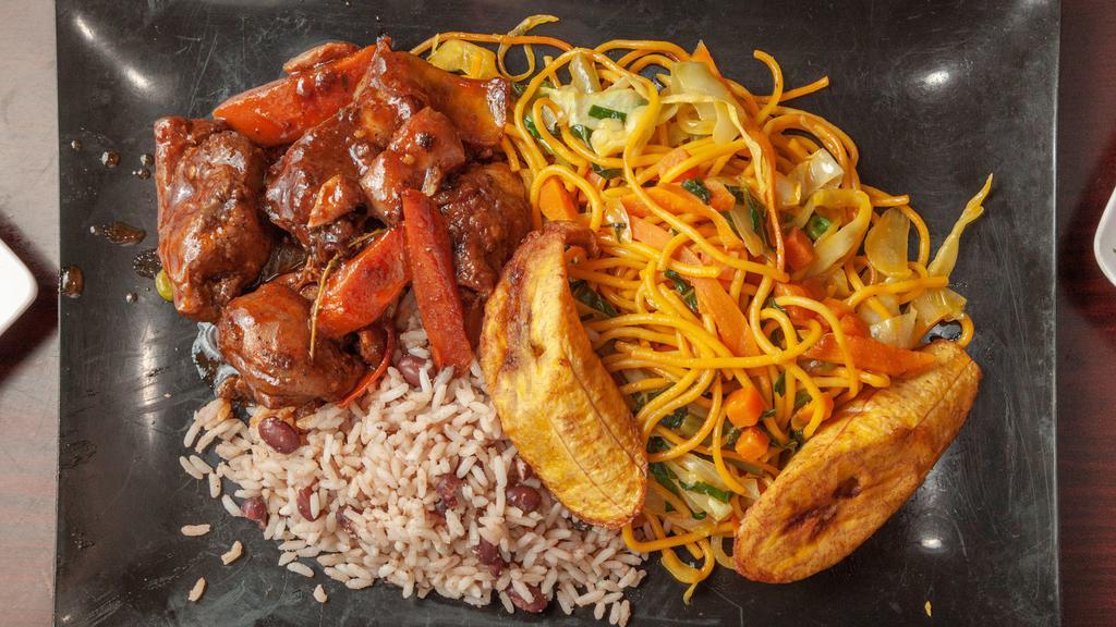 Stew Chicken · Served with rice and peas, white rice.
