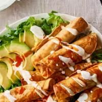 Flautas · Four rolled up tortillas fried and stuffed with your choice of filling and topped off with s...
