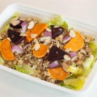 Quinoa Beet & Yam Salad · Quinoa on bed of greens, beets, yams toasted almond, walnuts, red onion; honey vinaigrette d...