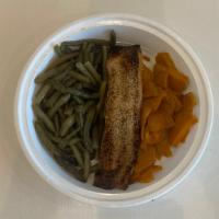Salmon Teriyaki · With sweet potato and vegetables.