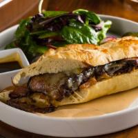 French Dip · braised short rib, gruyere, caramelized onions, Dijon, French baguette, au jus dip.