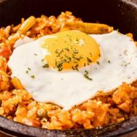 Kimchi Fried Rice · Pan-fried white rice with kimchi, sausage(pork), vegetable and. sunny side up egg (ADD MOZZA...