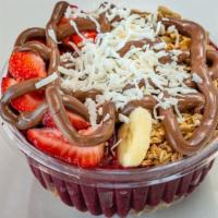 Acai Bowl · made with pure acai, strawberries, bananas, blueberries, apple juice.
