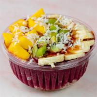 Pitaya Bowl · made with pitaya, bananas. blueberries, strawberries, apple juice.