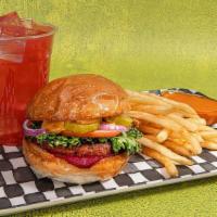 The Big Dill: The Classic Burger · The Classic Burger with Air Baked Fries + Small Chilled Bev. . Contains: Gluten, Soy