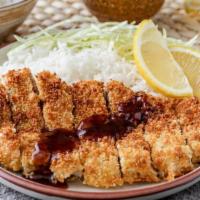 Bento Box Pork Katsu 便当盒 炸猪 · Choice of shrimp dumpling or vegetable spring roll. White or brown rice. Served with Califor...