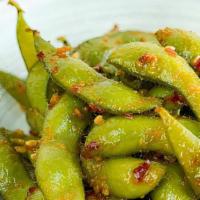 Spicy Edamame 辣毛豆 · Japanese soy bean mixed with siracha.
