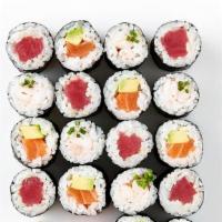 Classic Maki Combo · Salmon roll, tuna roll, yellowtail scallion roll. Served with miso soup or salad.