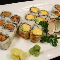 Maki A Combo · Shrimp mango, Kani cream cheese and shrimp avocado roll. Served with miso soup or salad.