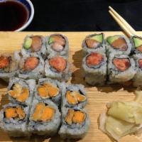 Vegetable Roll Combo · Avocado cucumber, Oshinko and Inari Roll. Served with miso soup or salad.
