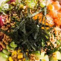 Tri Color Bowl · Tuna(raw), salmon(raw), yellowtail(raw), avocado, seaweed salad ,edamame, corn, masago, mang...
