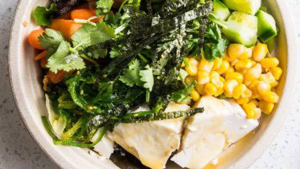 Vegetarian Bowl · Tofu, Seaweed Salad, Corn, Cucumber, Edamame, Mushroom, Carrot and Avocado with Wasabi Yuzu Sauce,roasted seaweed