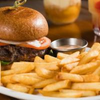 Frederick Douglass Burger · Angus beef, lettuce, tomato, red onion, brioche bun, and angel sauce. Comes with a side of F...