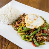 Thai Kra Prow  · Spicy. Ground pork, basil, onions, green beans, Thai chili, mixed bell peppers, fried egg