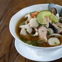 Seafood Noodle Soup · Mussels, shrimp, squid, salmon, fish balls, celery, onion, scallion, thin rice noodles, bean...