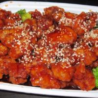 H 1. Sesame Chicken · Tender chunky chicken meat, marinated, fried till crispy served with sesame sauce.
