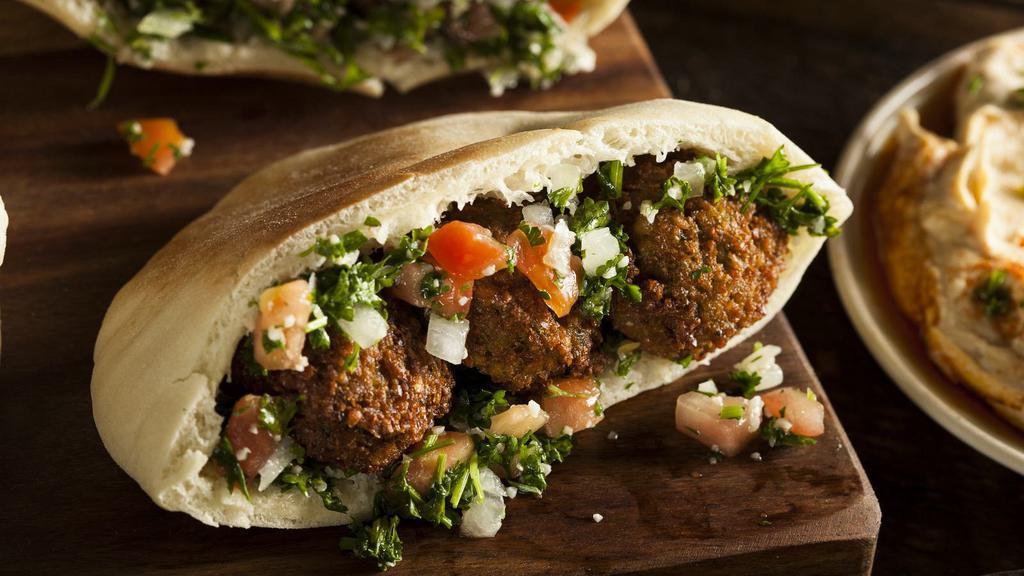 Falafel Sandwich · Hummus or baba ganoush on a pita with lettuce, tomatoes and tzatziki sauce.