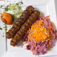 Kobideh Kebab · Two skewers of grilled seasoned ground beef with house special spices.