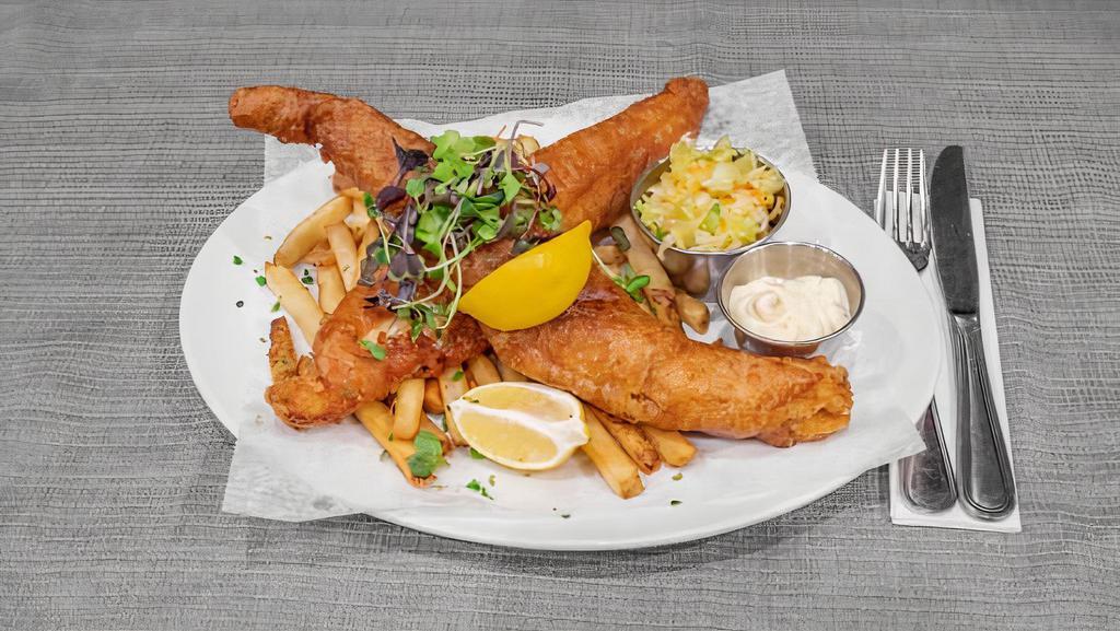 Fish & Chips · Beer Battered Cod with Fries, Health Salad & Tarter Side of Tarter Sauce. No Substitutions.