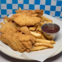 Breaded Chicken Tenders W Fries · Golden brown with BBQ sauce