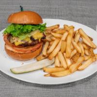 Bacon Cheese Burger · On a fresh-baked brioche roll with lettuce, tomato, and onion.
