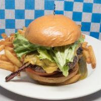 Oktoberfest Burger · On a fresh-baked brioche roll with bacon, cheese, sautéed mushrooms and onions, lettuce, and...