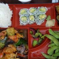 Dinner Bento · Serve with shumai, California roll, rice, soup & salad & choice one of the following.