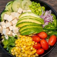 Green Bowl · Organic tofu, scallions, cilantro, cucumber, edamame, red onions, jalapeño, avocado, yuzu dr...