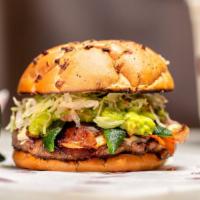 El Paso Burger · Roasted poblano peppers, sautéed onions, bacon, pepper jack cheese, guacamole, lettuce, and ...