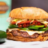 Six Alarm Burger · Fresh salsa, fresh jalapeños, and hot peppers, chipotle sauce, pepper jack cheese, lettuce, ...